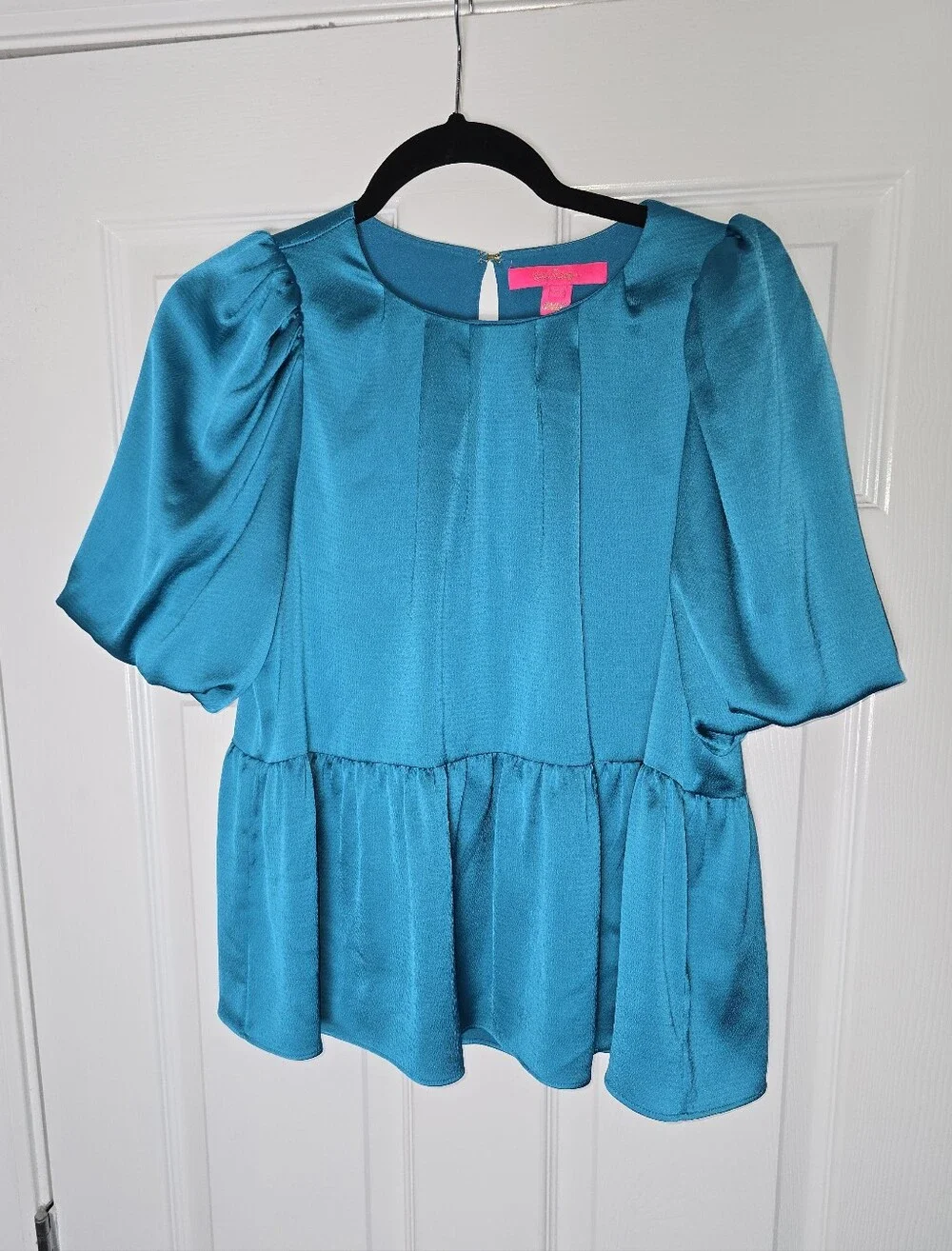 Lilly Pulitzer Women’s Teal Satin Peplum Blouse - Elegant Short Sleeve Size 2
